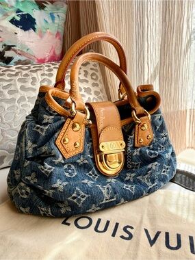 Authentic Louis Vuitton Monogram Denim Pleaty Blue Bag Gold Hardware